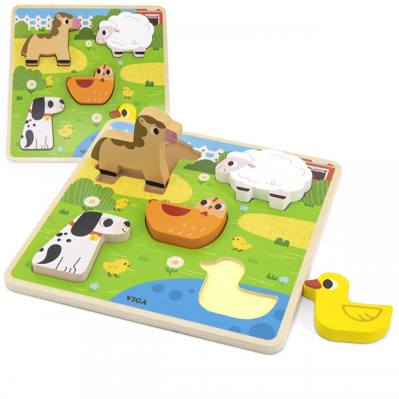 Drewniana układanka puzzle zwierzątka farma do dopasowania, zabawka dla dzieci, Viga