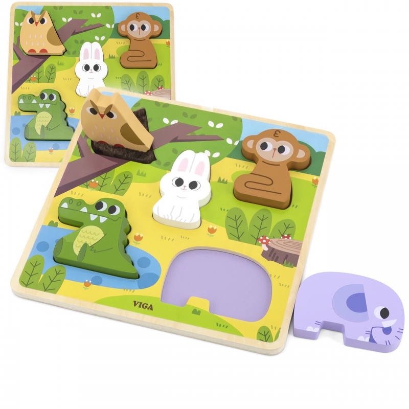 Drewniana układanka puzzle zwierzątka las do dopasowania, zabawka dla dzieci, Viga