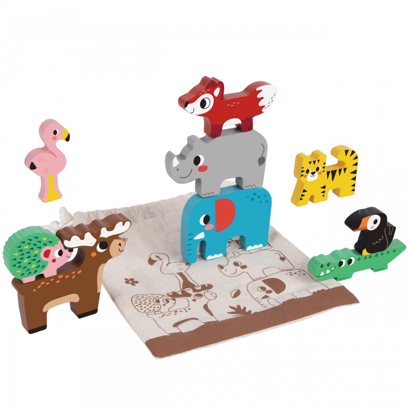 Drewniane klocki zwierzątka 9 elementów, zabawka dla dzieci, Tooky Toy