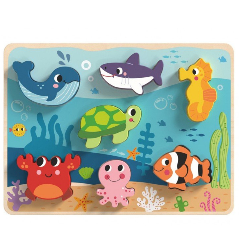 Drewniane puzzle Montessori świat morza rybki żółwik kształty, zabawka dla dzieci, Tooky Toy