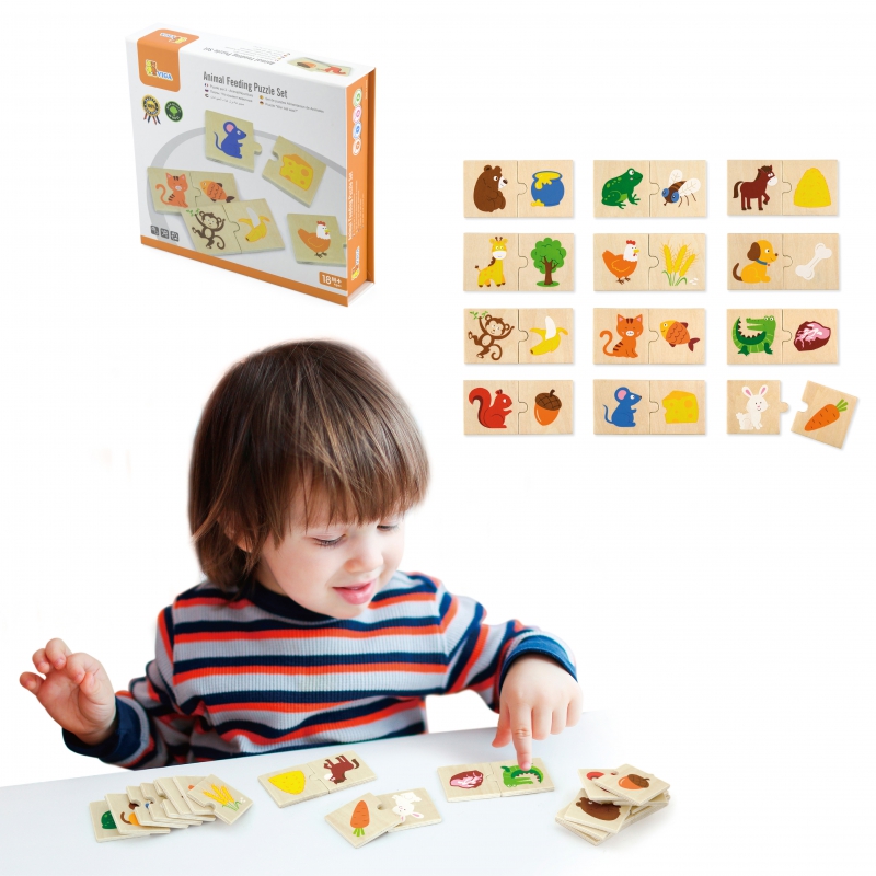 Drewniane puzzle nakarm zwierzątko co jedzą zwierzęta układanka, zabawka dla dzieci, Viga