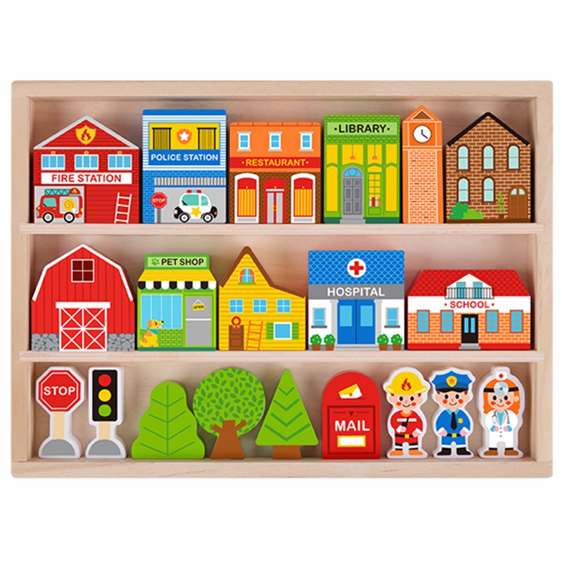 Drewniany zestaw budynków i figurek miasto policja szpital remiza policjant doktor strażak, zabawka dla dzieci, Tooky Toy