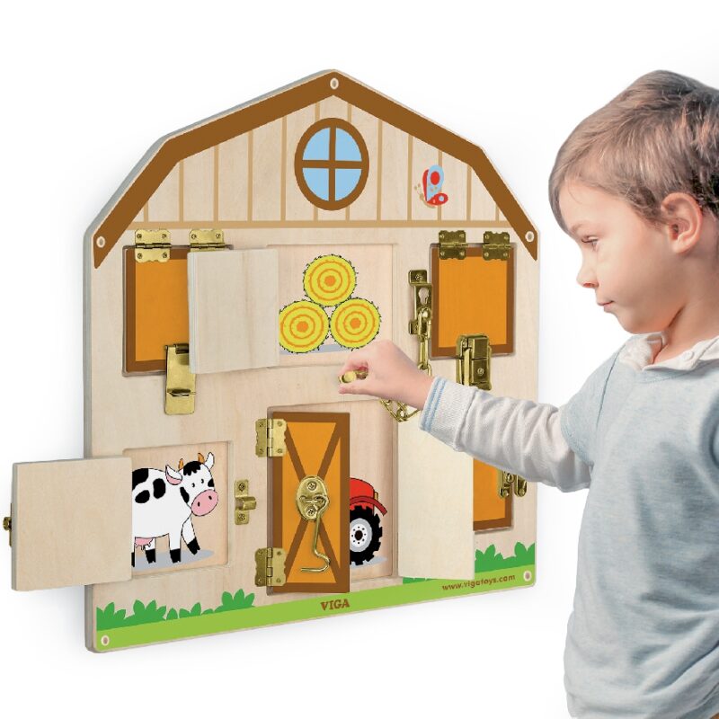 Drewniana tablica manipulacyjna farma otwieranie zamków, zabawka dla dzieci, Viga