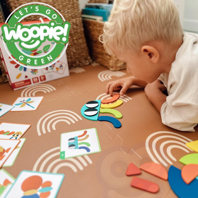 Green drewniana układanka Montessori 40 wzorów do odtworzenia 55 el. certyfikat FSC, zabawka dla dzieci, Woopie