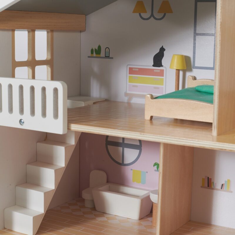 Duży drewniany domek dla lalek 2 figurki naturalne drewno 28 el., zabawka dla dzieci, Classic World