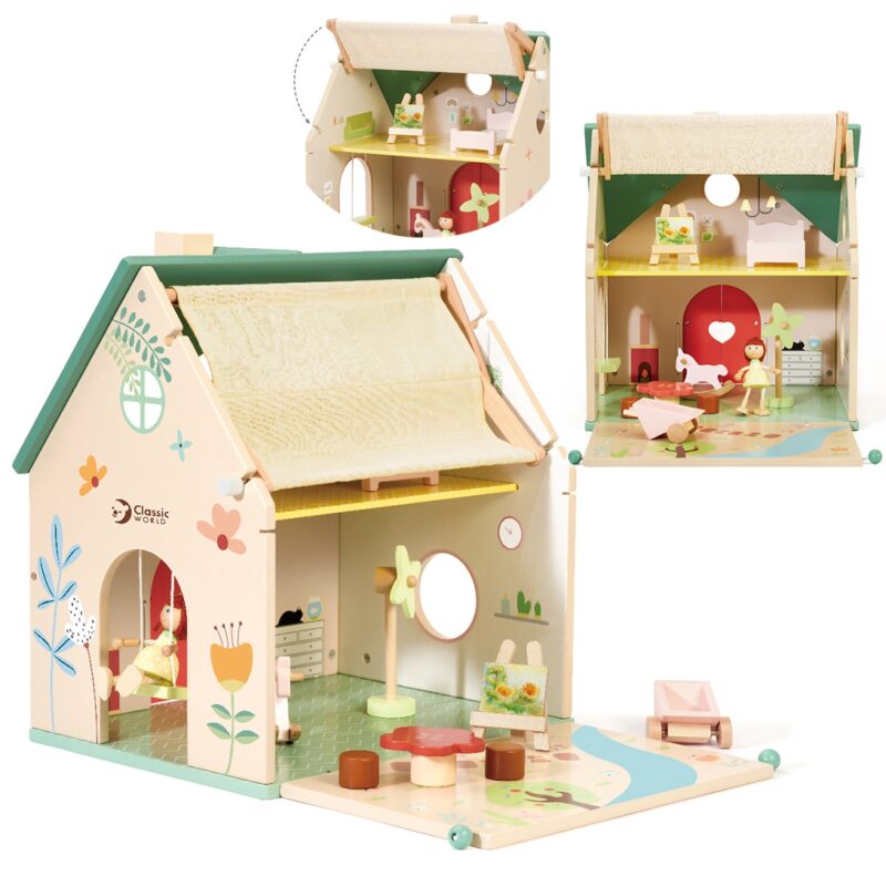 Wiejski drewniany domek dla lalek 10 el., zabawka dla dzieci, Classic World