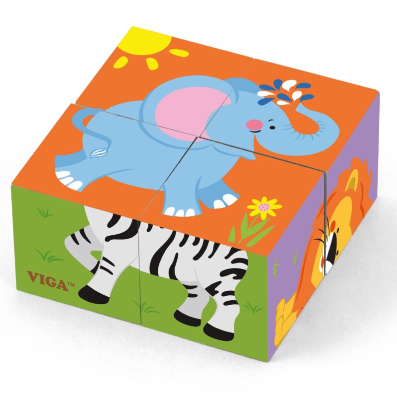 Drewniana układanka zoo puzzle 4 klocki, zabawka dla dzieci, Viga