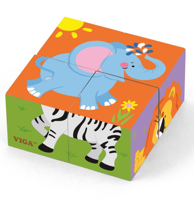 Drewniana układanka zoo puzzle 4 klocki, zabawka dla dzieci, Viga