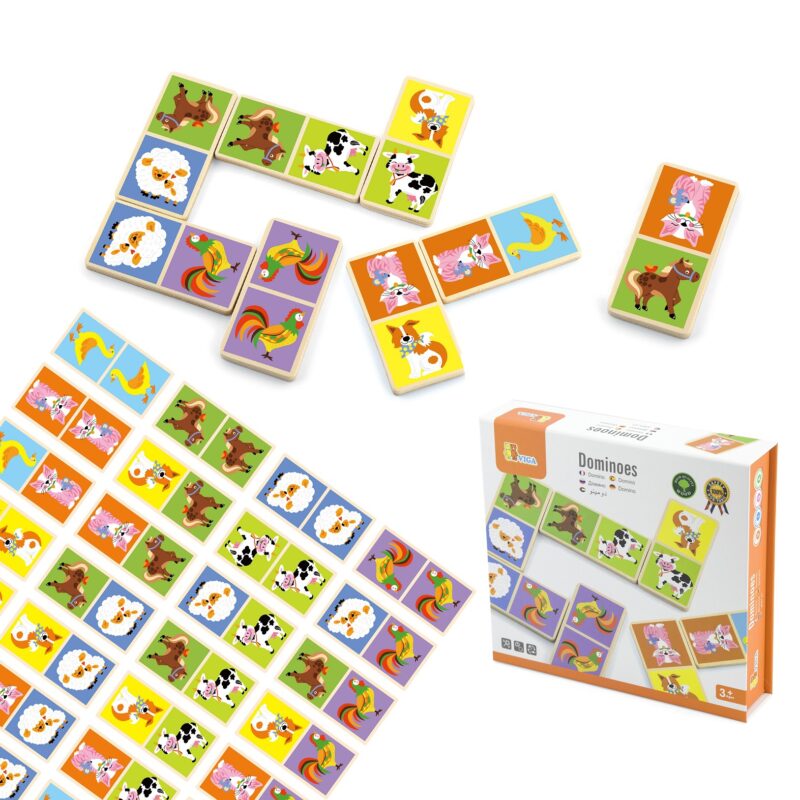 Drewniana gra domino farma Viga Toys 28 elementów Montessori, zabawka dla dzieci