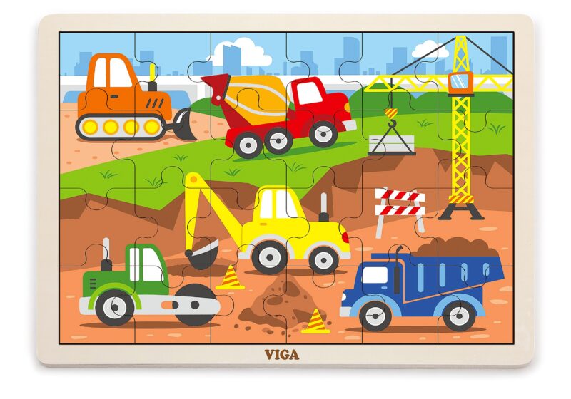 Drewniane puzzle pojazdy budowlane 24 elementy, zabawka dla dzieci, Viga