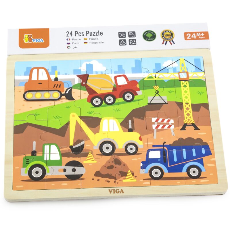 Drewniane puzzle pojazdy budowlane 24 elementy, zabawka dla dzieci, Viga