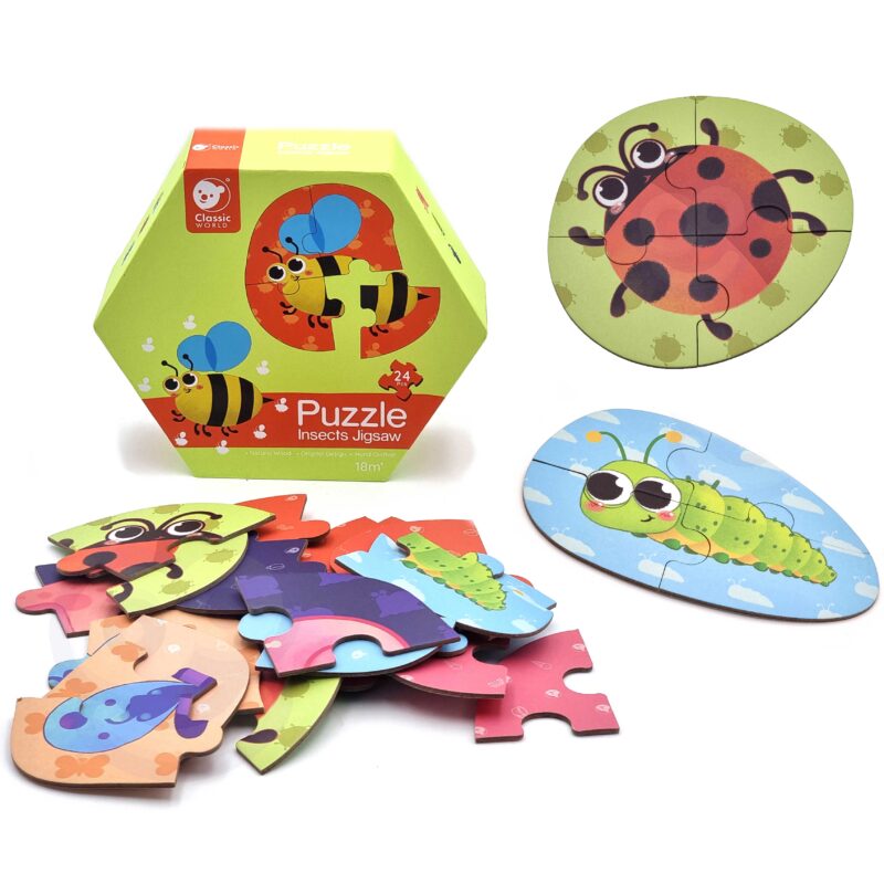 Drewniane puzzle owady układanka dla dzieci 6 obrazków 24 el., zabawka dla dzieci, Classic World