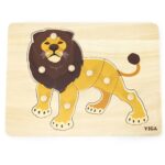 Drewniane puzzle Montessori lew z pinezkami, zabawka dla dzieci, Viga