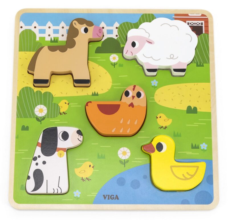 Drewniana układanka puzzle zwierzątka farma do dopasowania, zabawka dla dzieci, Viga