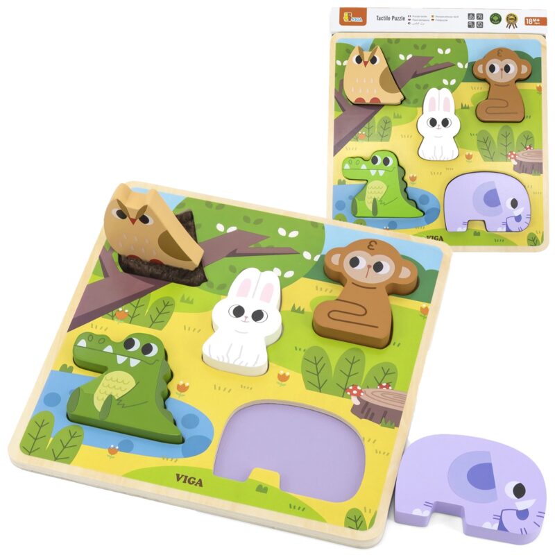 Drewniana układanka puzzle zwierzątka las do dopasowania, zabawka dla dzieci, Viga