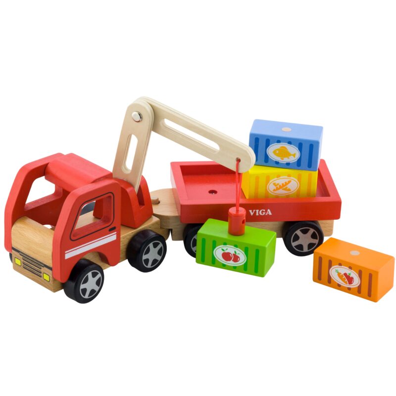 Drewniany dźwig z kontenerami Viga Toys, zabawka dla dzieci