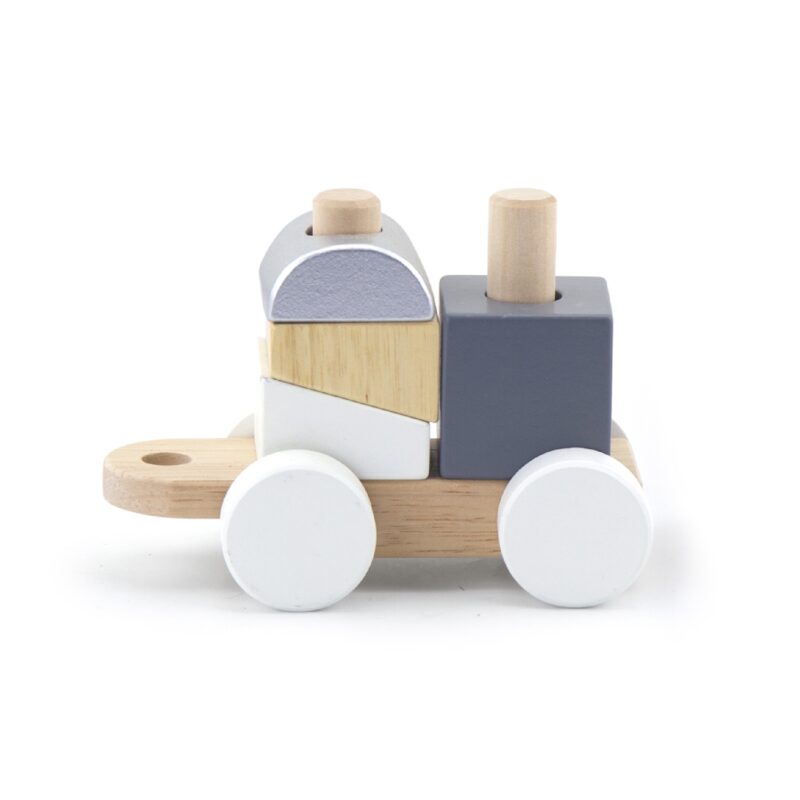 Drewniana kolejka z wagonikami do ciągania Viga Toys + klocki, zabawka dla dzieci