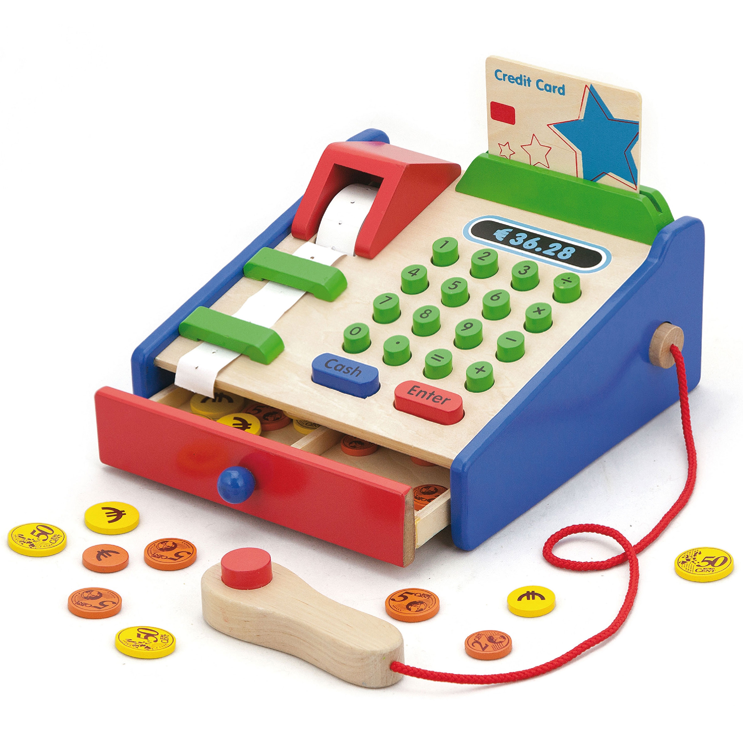 Drewniana kasa sklepowa z akcesoriami skaner Viga Toys Montessori, zabawka dla dzieci