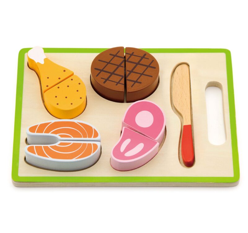 Drewniany zestaw obiadowy deska do krojenia nóż Viga Toys, zabawka dla dzieci