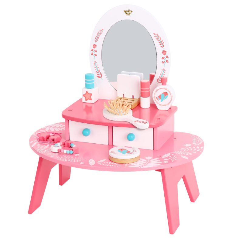 Różowa toaletka drewniana do makijażu z lustrem, zabawka dla dzieci, Tooky Toy