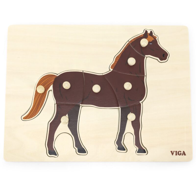 Drewniane puzzle Montessori koń z pinezkami, zabawka dla dzieci, Viga