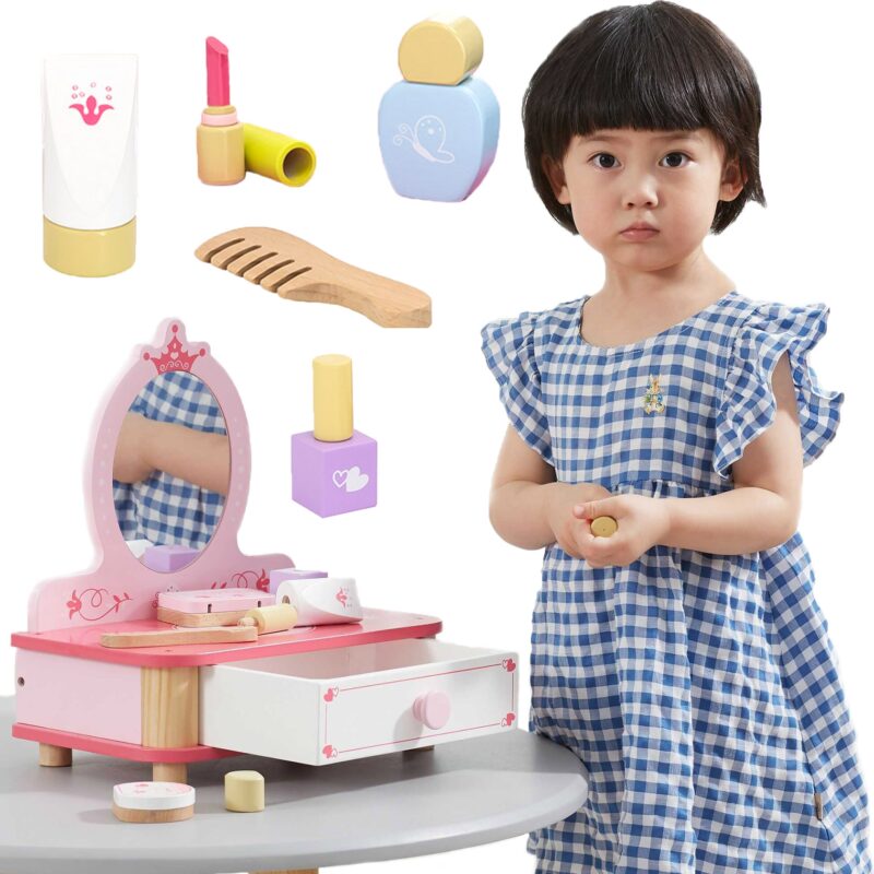 Różowa toaletka drewniana do makijażu z lustrem + akcesoria, zabawka dla dzieci, Viga