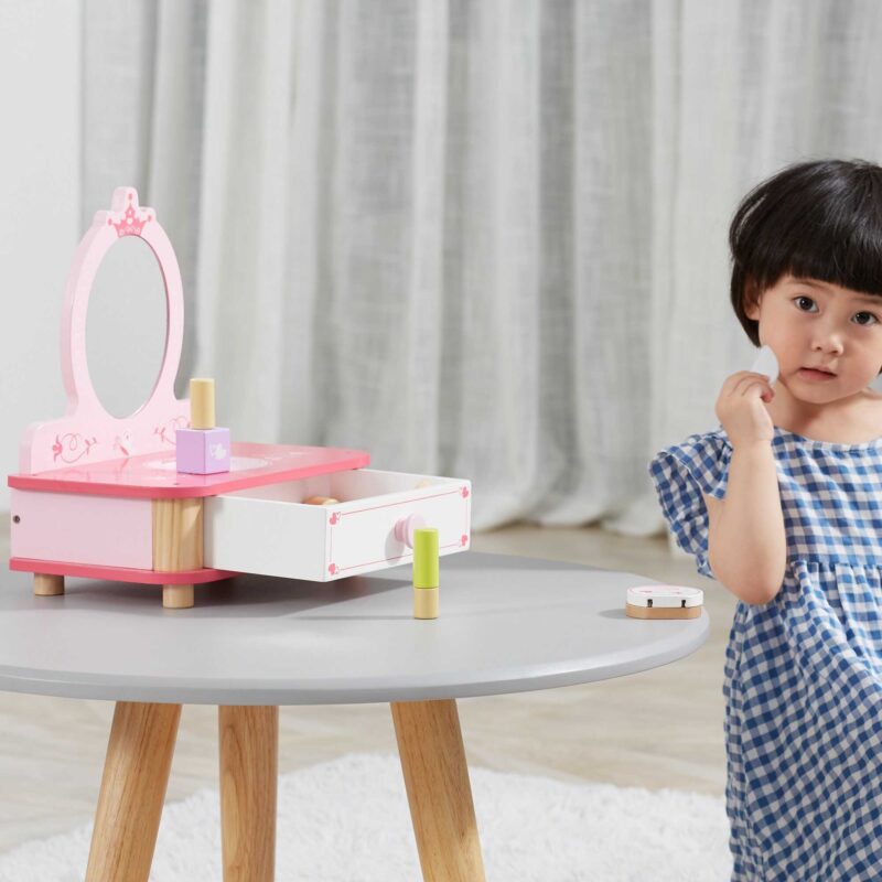 Różowa toaletka drewniana do makijażu z lustrem + akcesoria, zabawka dla dzieci, Viga