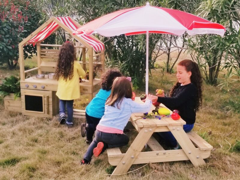 Edu drewniany stolik piknikowy z parasolem, zabawka dla dzieci, Classic World