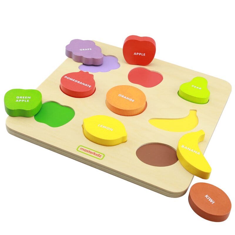 Drewniany sorter kształtów Masterkidz kolorowe owoce Montessori, zabawka dla dzieci