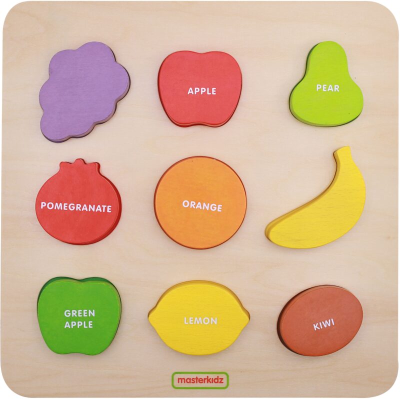 Drewniany sorter kształtów Masterkidz kolorowe owoce Montessori, zabawka dla dzieci