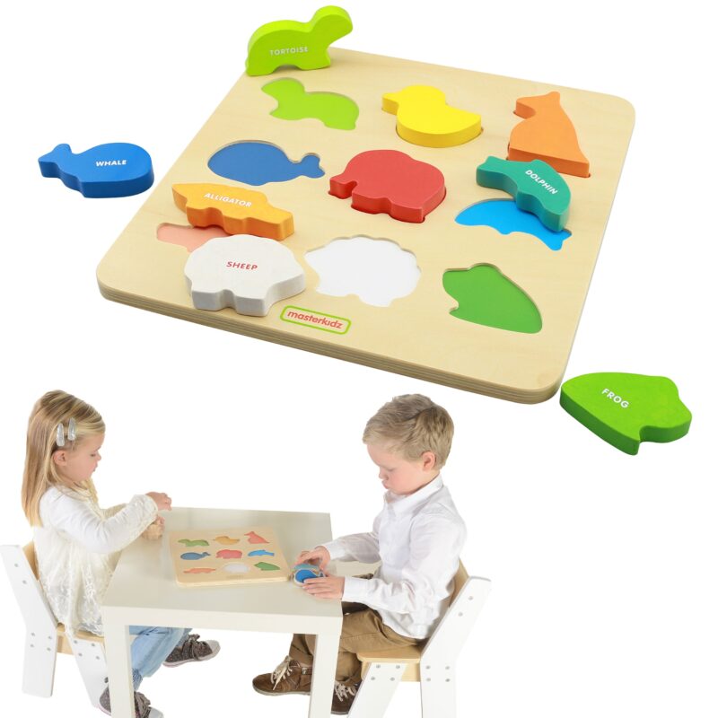 Drewniany sorter kształtów Masterkidz kolorowe zwierzątka Montessori, zabawka dla dzieci