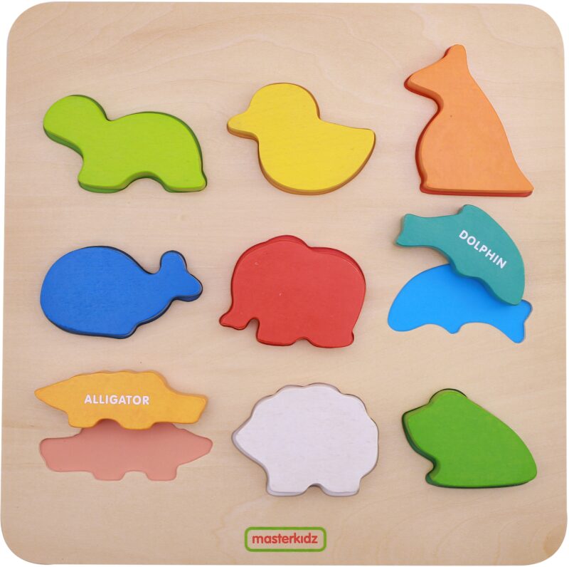 Drewniany sorter kształtów Masterkidz kolorowe zwierzątka Montessori, zabawka dla dzieci