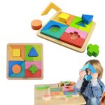 Drewniane puzzle geometryczne 12 elementów Masterkidz Montessori, zabawka dla dzieci