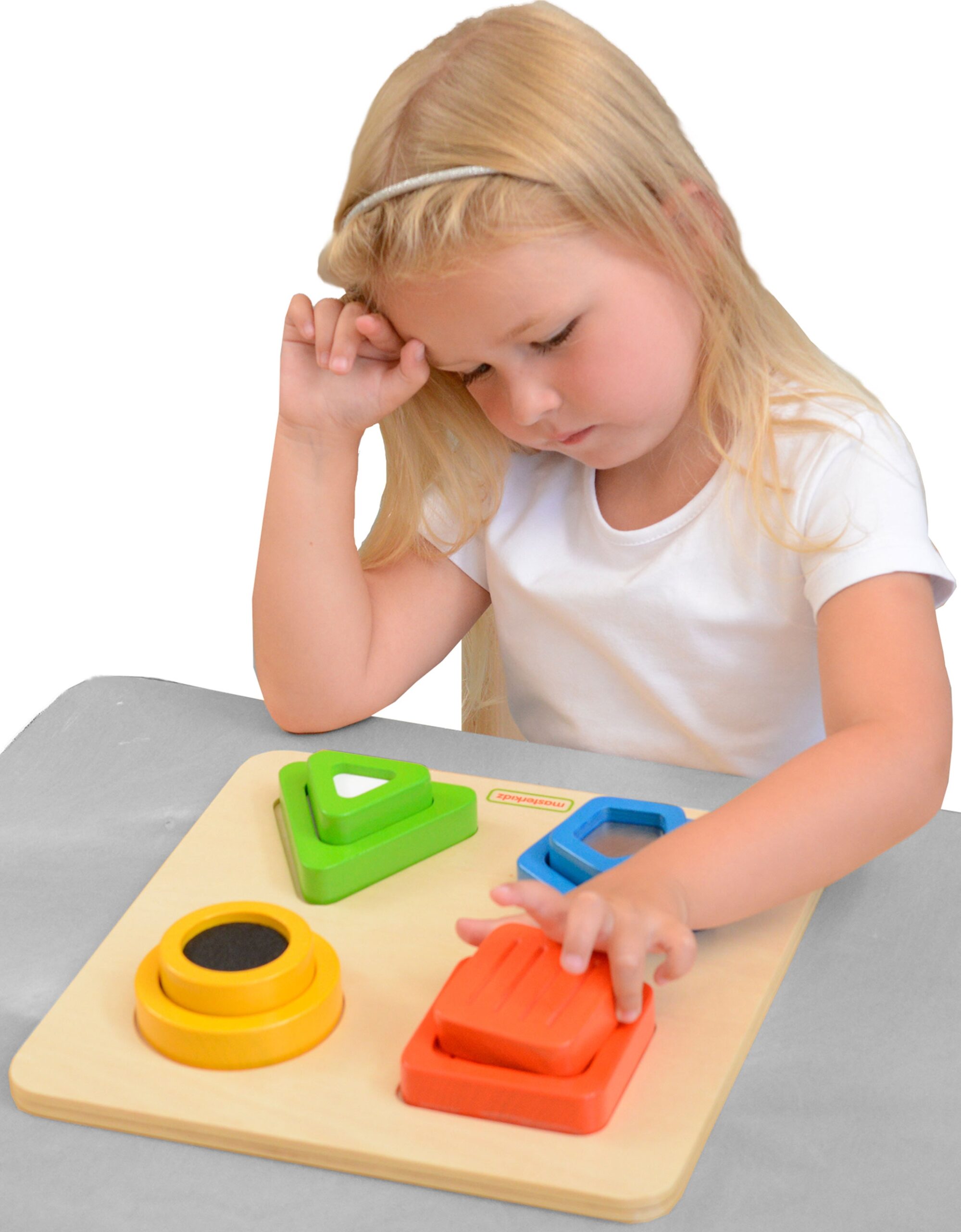 Drewniany sorter kształtów materiałów faktury powierzchni Masterkidz Montessori, zabawka dla dzieci