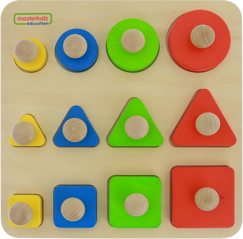 Drewniany sorter kształtów wielkości kolorów Masterkidz Montessori, zabawka dla dzieci