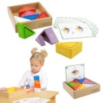 Drewniana gra dla dzieci kolorowe klocki i kubeczki trójkąty Masterkidz Montessori, zabawka dla dzieci