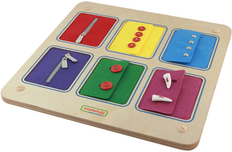 Tablica ścienna otwieranie i zamykanie zamków suwaki guziki Masterkidz Montessori, zabawka dla dzieci