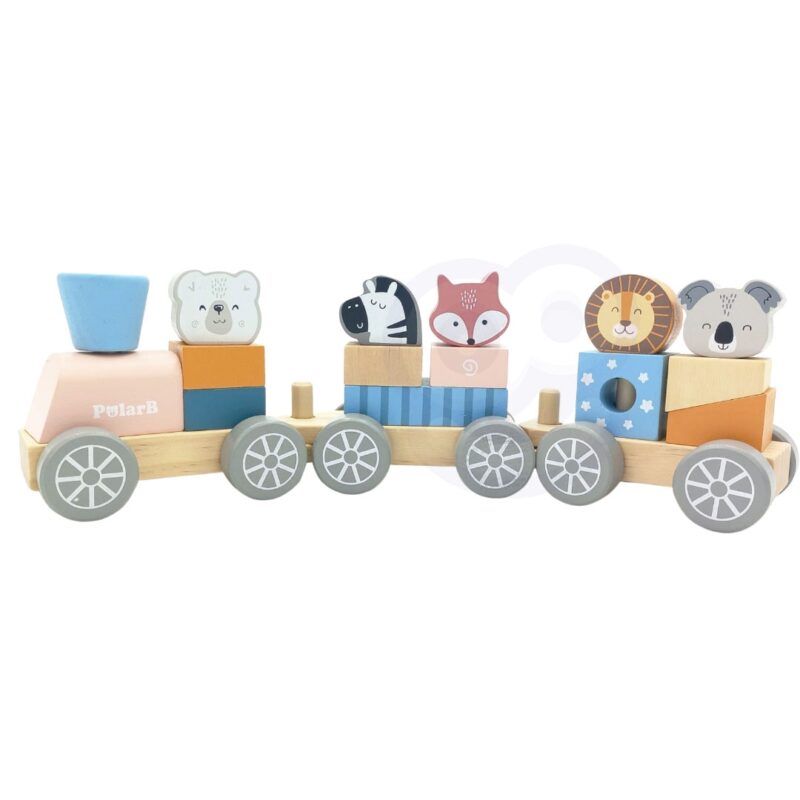Drewniana kolejka z wagonikami i zwierzątkami do ciągnięcia polarb Montessori, zabawka dla dzieci, Viga