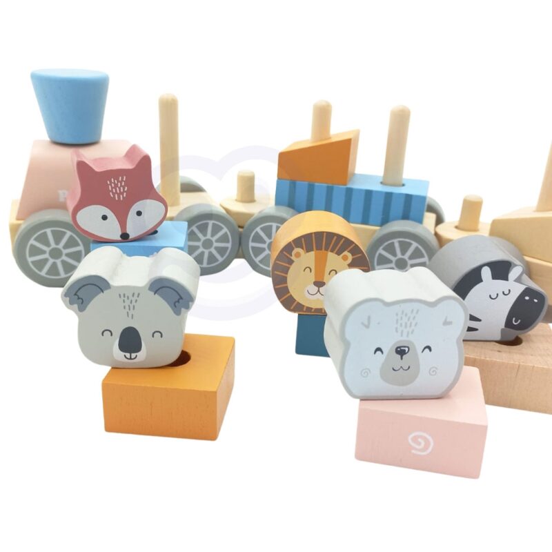 Drewniana kolejka z wagonikami i zwierzątkami do ciągnięcia polarb Montessori, zabawka dla dzieci, Viga