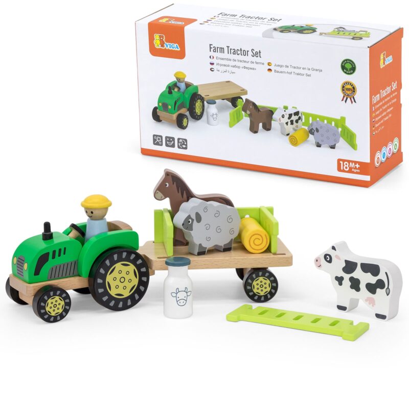 Traktor drewniany zwięrzatka farma zagroda, zabawka dla dzieci, Viga