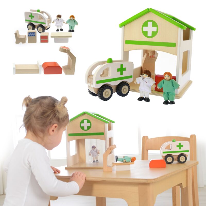 Mini szpital drewniany zestaw Masterkidz makieta, zabawka dla dzieci