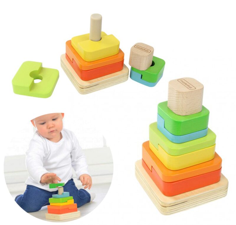 Drewniana układanka sorter piramidka Montessori, zabawka dla dzieci, Masterkidz