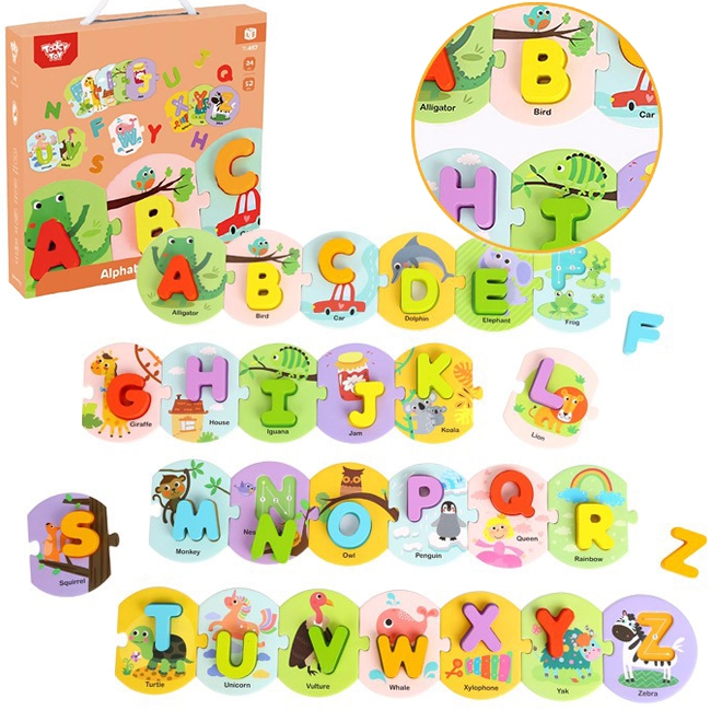 Drewniane puzzle Montessori układanka nauka alfabetu liter słów alfabet grube klocki 26 el., zabawka dla dzieci, Tooky Toy