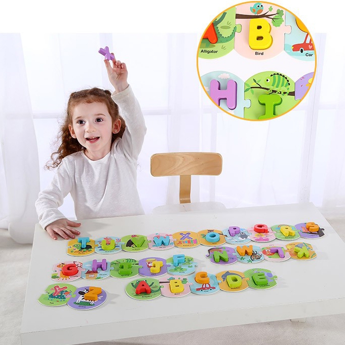 Drewniane puzzle Montessori układanka nauka alfabetu liter słów alfabet grube klocki 26 el., zabawka dla dzieci, Tooky Toy