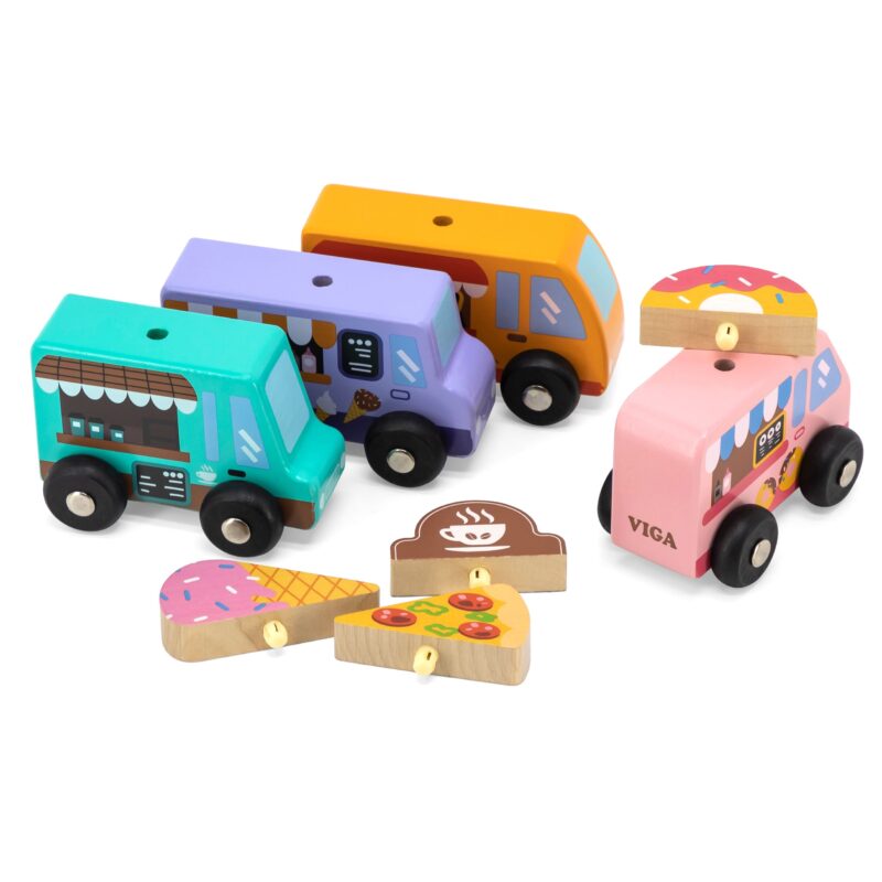 Drewniany zestaw food trucki pojazdy cukierni 4 autka, zabawka dla dzieci, Viga