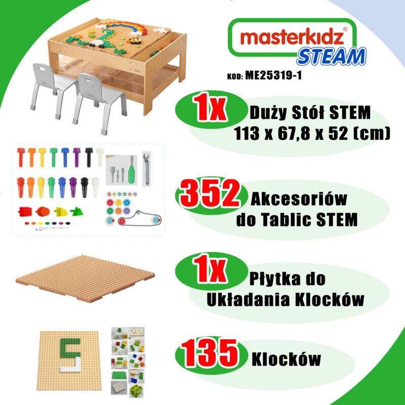Drewniany stół edukacyjny + akcesoria STEM wall + 135 klocków, zabawka dla dzieci, Masterkidz