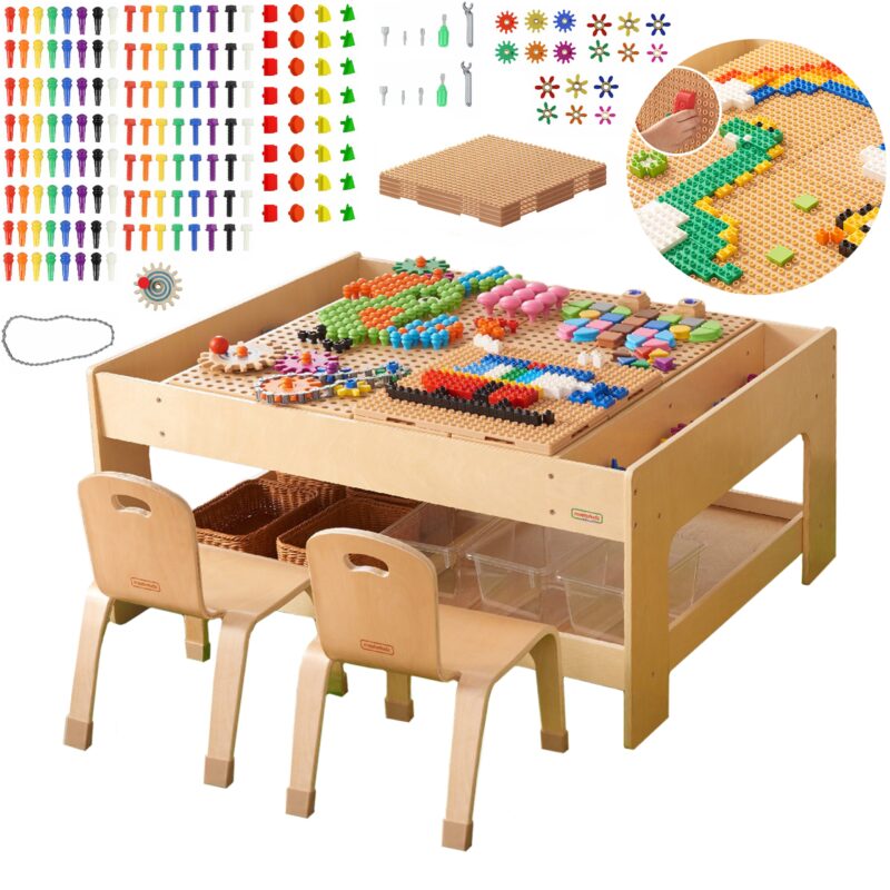 Drewniany stół edukacyjny + akcesoria STEM wall + 563 klocków, zabawka dla dzieci, Masterkidz