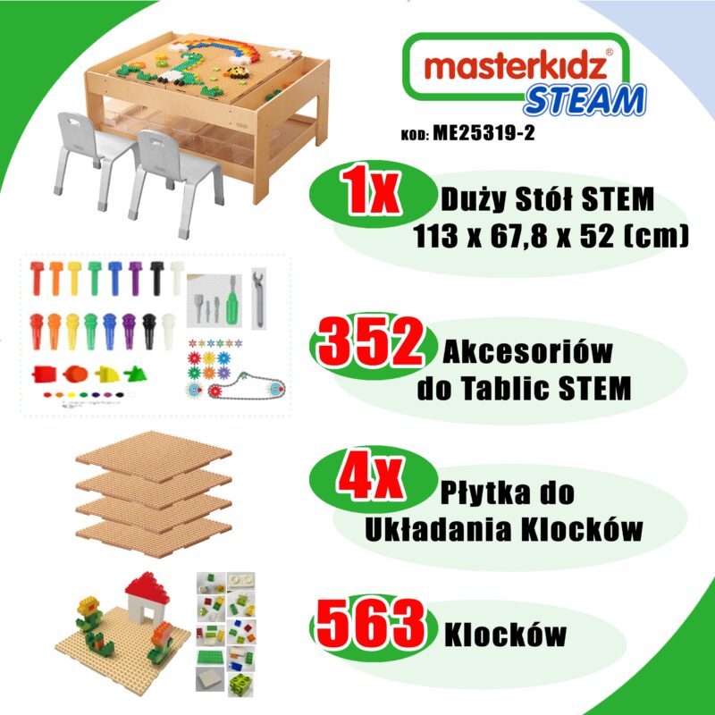 Drewniany stół edukacyjny + akcesoria STEM wall + 563 klocków, zabawka dla dzieci, Masterkidz