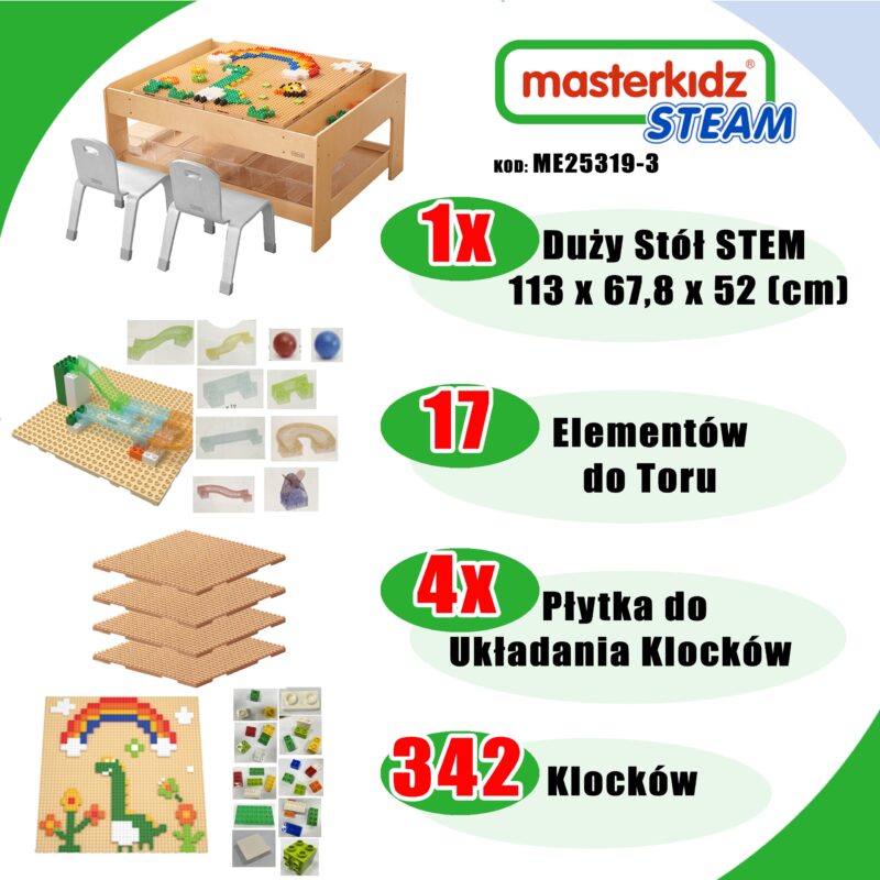 Drewniany stół edukacyjny + akcesoria STEM wall + 359 el., zabawka dla dzieci, Masterkidz