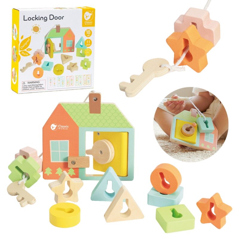 Drewniana przeplatanka klocki do nawlekania klucze i drzwi Montessori 11 el., zabawka dla dzieci, Classic World